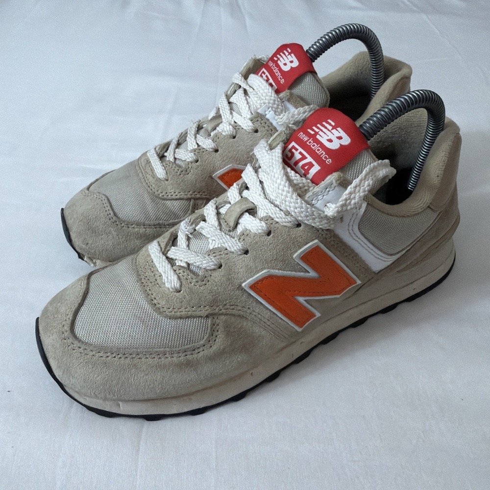 New Balance 574 Men Shoes Sz 7 Beige Orange Lace-Up Round Toe Low Top‎ Sneakers